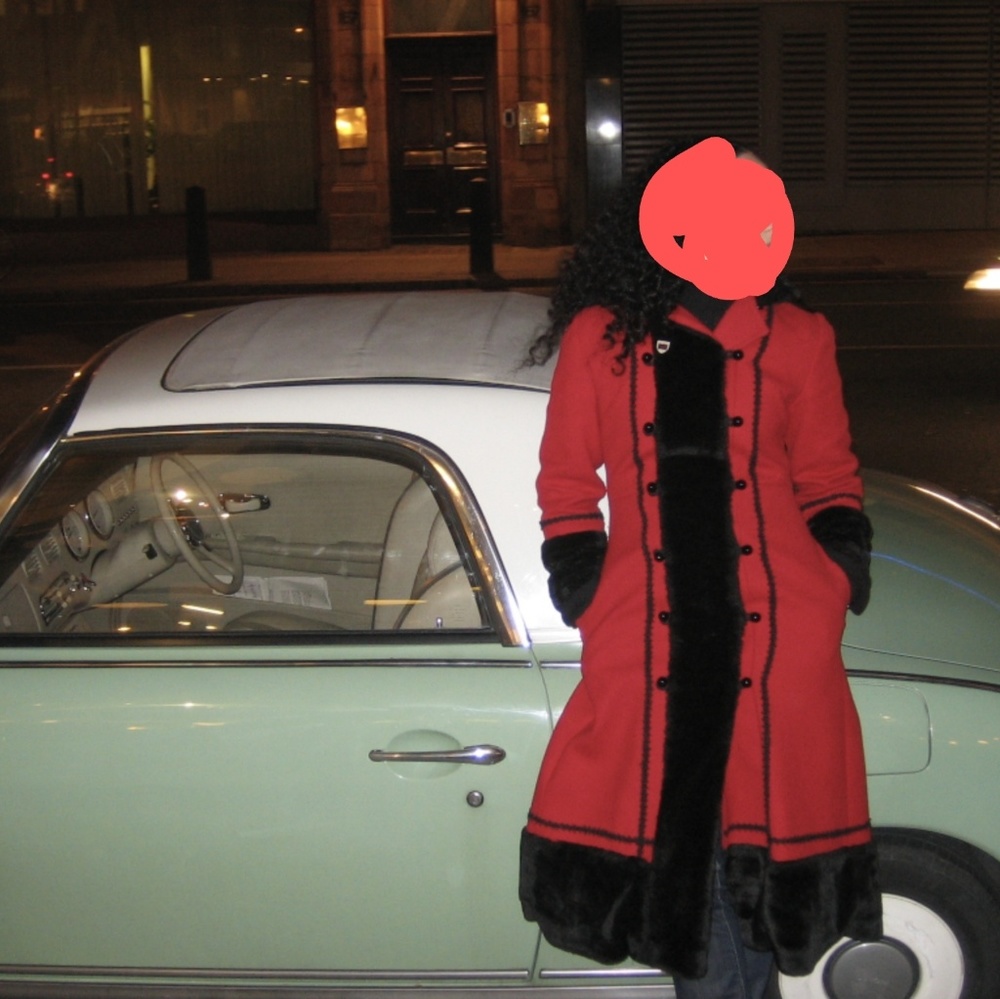 Vintage hooded coat, red with faux fur trim